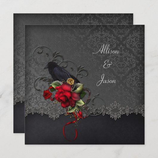 Raven Rote Rosen Black Gray Damask Einladung (Vorne/Hinten)