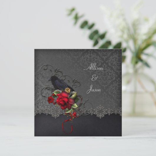 Raven Rote Rosen Black Gray Damask Einladung (Stehend Vorderseite)