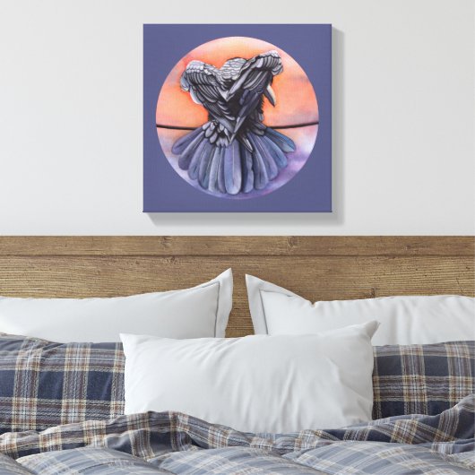 Raven Ruffling Feathers Rooding Crow Bird Art Leinwanddruck (Insitu (Schlafzimmer))