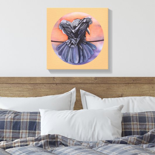 Raven Ruffling Feathers Rooding Crow Bird Art Leinwanddruck (Insitu (Schlafzimmer))