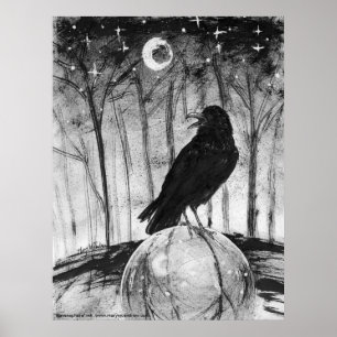 Raven (schwarzer Vogel) im Holz mit Mond und Poster