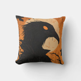 Raven Silhouette Full Moon Black Orange Halloween Kissen