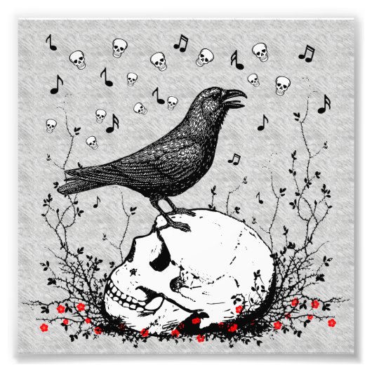 Raven Sings Song of Death on Skull Illustration Fotodruck (Vorne)