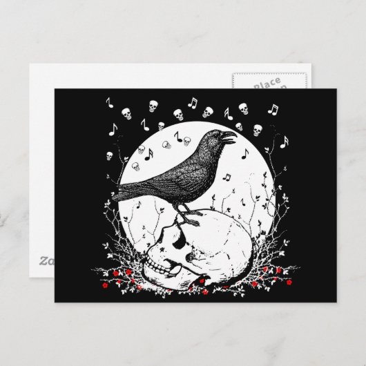 Raven Sings Song of Death on Skull Illustration Postkarte (Vorne/Hinten)