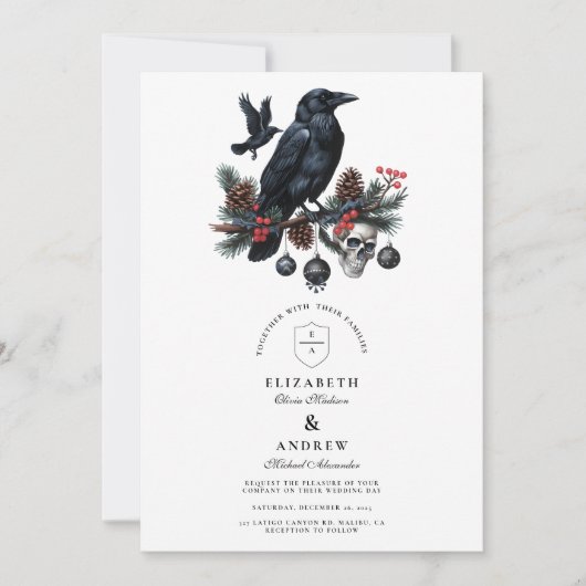 Raven Skull Gothic Holiday Wedding Einladung (Vorderseite)