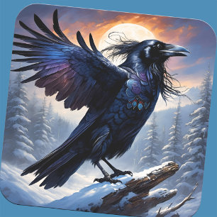 Raven Spirit Winter Solstice Full Moon Forest Bird Quadratischer Aufkleber