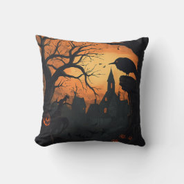 Raven Spuk Village Halloween Black Orange Kissen