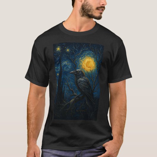 Raven Under Starry Night Gothic Art T-Shirt (Vorderseite)