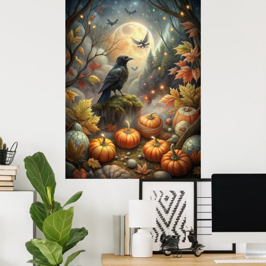 Raven Wall Art Herbst - Mystischer Vollmondwald Poster (Heimbüro)