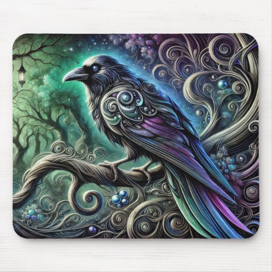 Raven with Iridescent Feathers in verzaubertem Wal Mousepad (Vorne)