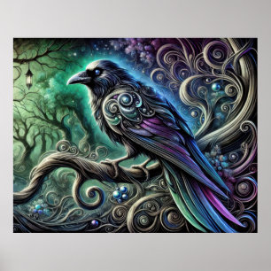 Raven with Iridescent Feathers in verzaubertem Wal Poster