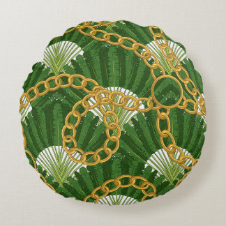 Ravenala & Goldketten: Vintage-Eleganz Rundes Kissen