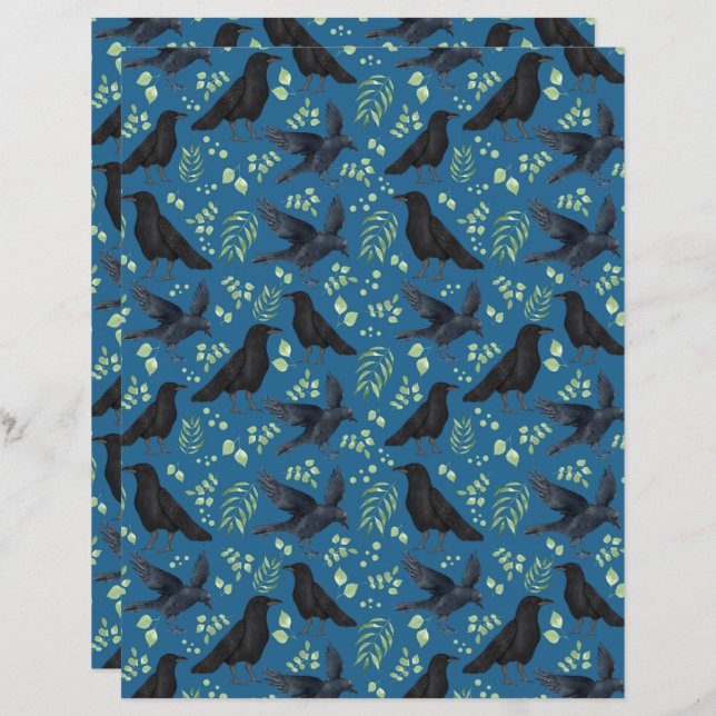 Ravens Goth Halloween Scrapbook Paper in Blue (Vorne/Hinten)