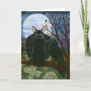 Raven's Moon Black Cat Crow Goth Fantasy Art Card Karte