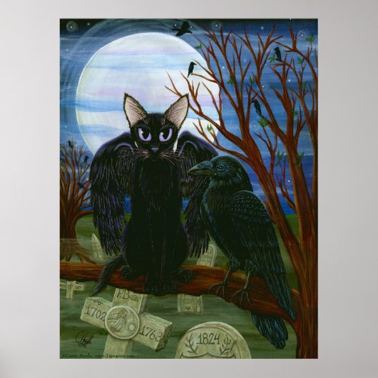 Raven's Moon Black Cat Crow Gothic Art Poster (Vorne)