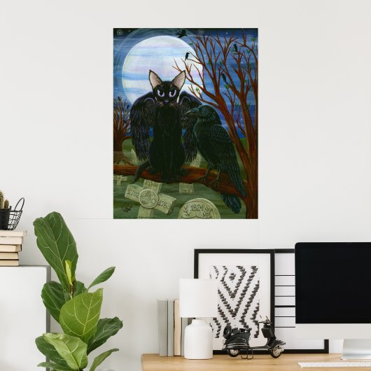 Raven's Moon Black Cat Crow Gothic Art Poster (Heimbüro)