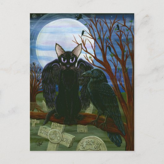 Raven's Moon Black Cat Crow Gothic Art Postkarte (Vorderseite)