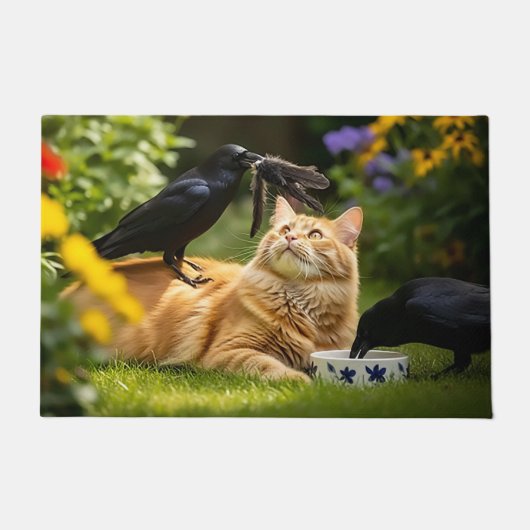 Ravens spielen mit Katzen-Federn Fußmatte (Vorderseite)