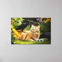 Ravens spielen mit Katzen-Federn Leinwanddruck