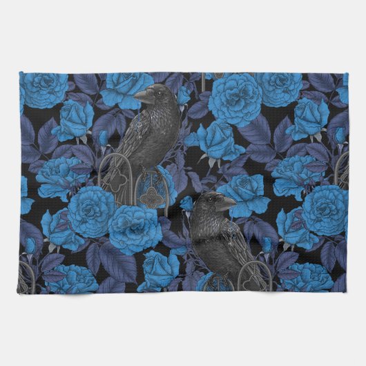 Ravens und blaue Rose Geschirrtuch (Horizontal)