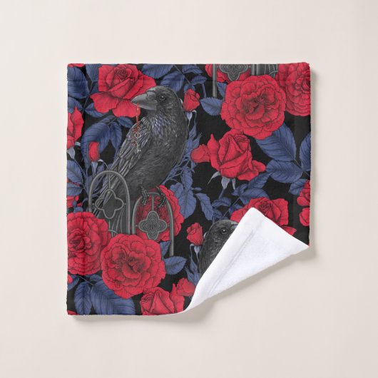Ravens und Rose mit dunkelblauen Blätter Badhandtuch Set (Waschlappen)
