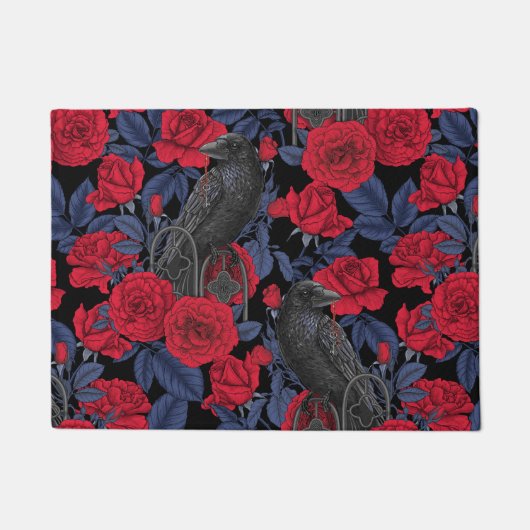 Ravens und Rose mit dunkelblauen Blätter Fußmatte (Vorderseite)
