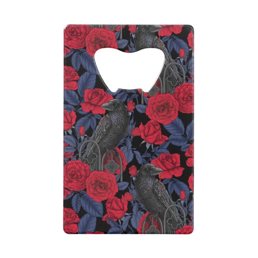 Ravens und Rose mit dunkelblauen Blätter Geldbeutel Flaschenöffner (Vorderseite)