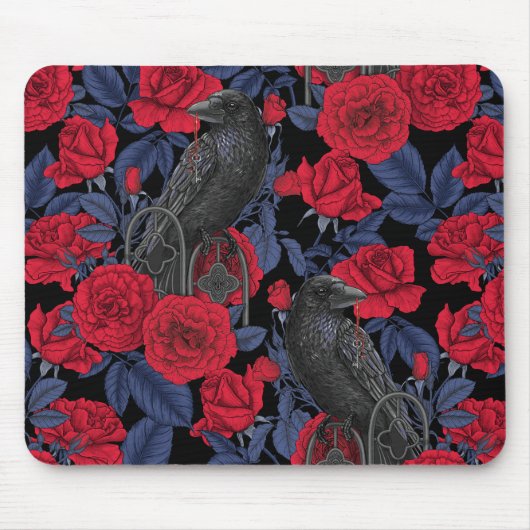 Ravens und Rose mit dunkelblauen Blätter Mousepad (Vorne)
