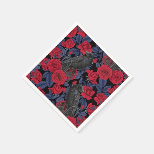 Ravens und Rose mit dunkelblauen Blätter Serviette (Ecke)