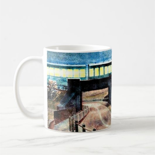 Ravilious Art, Zug über Brücke bei Nacht Kaffeetasse (Links)
