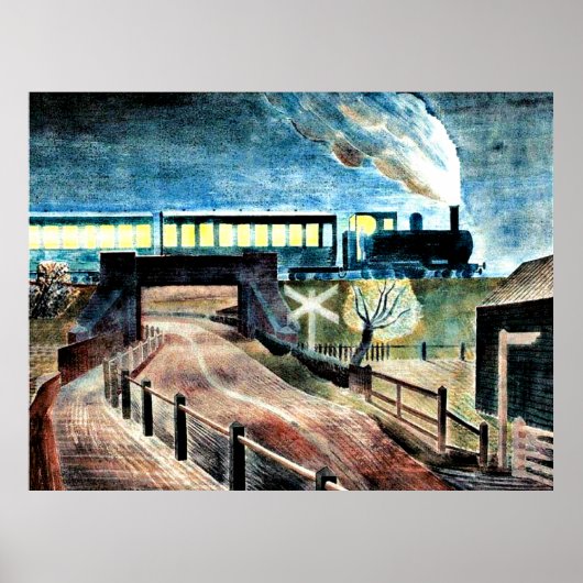 Ravilious Art, Zug über Brücke bei Nacht Poster (Vorne)
