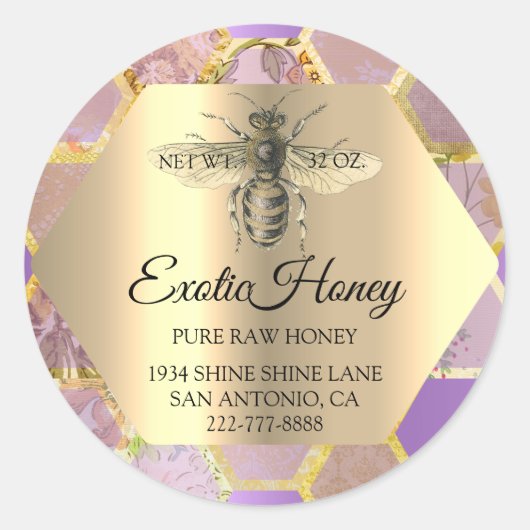 Raw Honey Jar Honeybee Honeycomb Bee Apiary Lila Runder Aufkleber (Vorderseite)