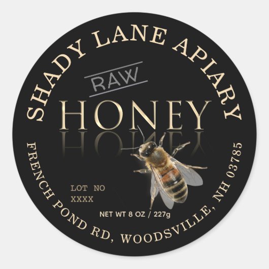RAW Honey Label mit Lot No und Bee Gold Black Runder Aufkleber (Vorderseite)