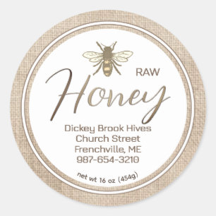 RAW HONEY Label Muslin Burlap Vintage Biene Runder Aufkleber