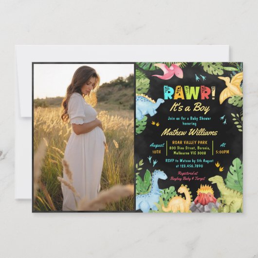 Rawi sein a Boy Dinosaur Baby Dusche Foto Einladung (Vorderseite)