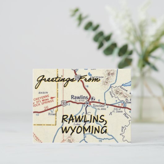 Rawlins WY Vintag Map Postkarte (Stehend Vorderseite)