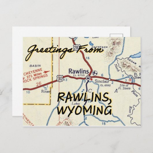 Rawlins WY Vintag Map Postkarte (Vorne/Hinten)