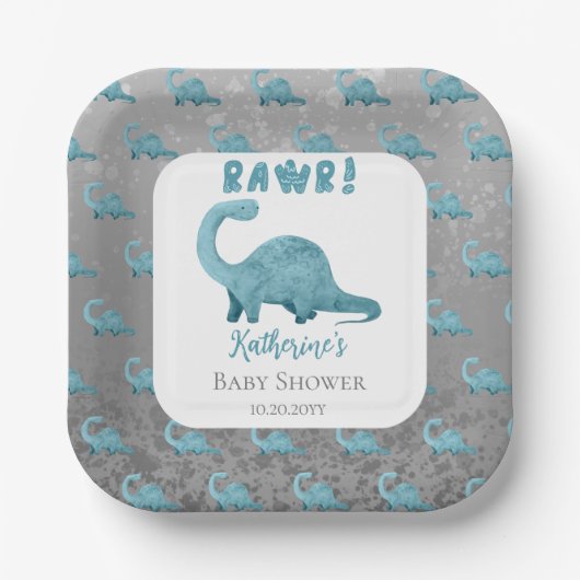 Rawr Aquamarin Blue Dinosaur Boy Baby Shower Pappteller (Vorderseite)