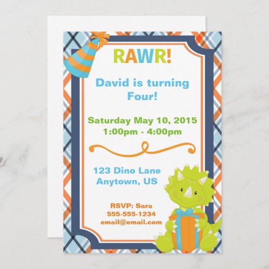 RAWR! Dino Party Geburtstag Einladung (Vorne/Hinten)