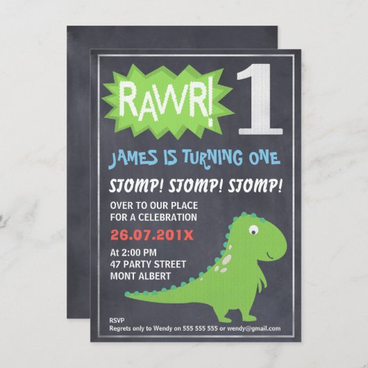 Rawr Dinosaur Chalkboard 1. Geburtstag Einladung (Vorne/Hinten)