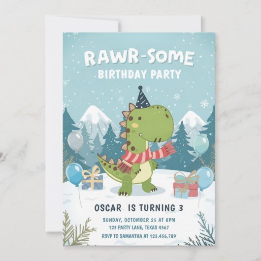 RAWR-Einige Winter Dinosaur T-Rex-Schneewitz-Party Einladung (Vorderseite)