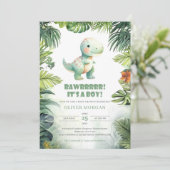 Rawr Es ist ein Junge Dinosaurier Grünpflanzen Bab Einladung (Stehend Vorderseite)