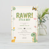 RAWR! Es ist ein Junge - Niedliche Dinosaurier Bab Einladung (Stehend Vorderseite)