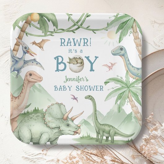 Rawr Junge Dinosaurier-Baby-Party  Pappteller