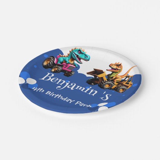 Rawr T-Rex-Dinosaurier-Traktorballon Birthday Pappteller (Schrägansicht)