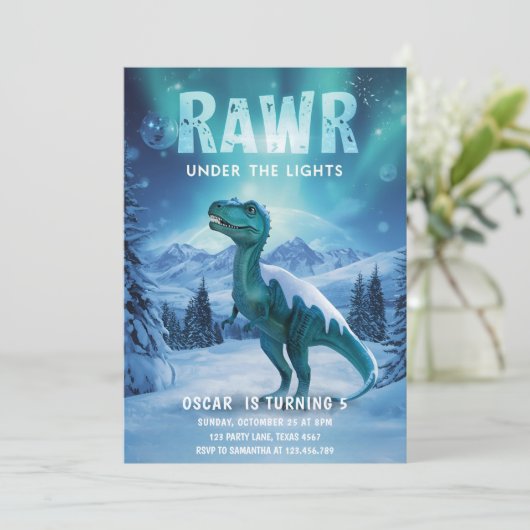 RAWR Unter den Lichtern Dinosaurier Winter Geburts Einladung (Stehend Vorderseite)