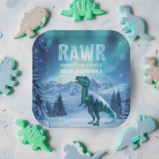 RAWR Unter den Lichtern Dinosaurier Winter Geburts Pappteller