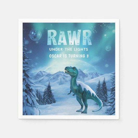RAWR Unter den Lichtern Dinosaurier Winter Geburts Serviette (Vorderseite)