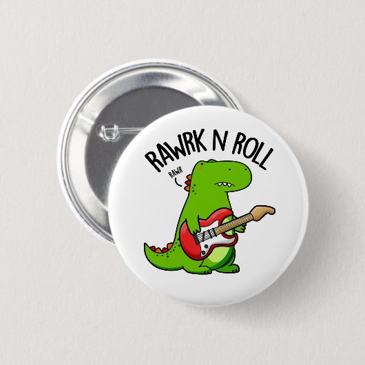 Rawrk and Roll Funny Rocker Dinosaur Pub Button (Vorne & Hinten)