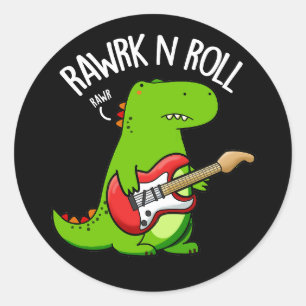 Rawrk and Roll Funny Rocker Dinosaur Pun Dark BG Runder Aufkleber